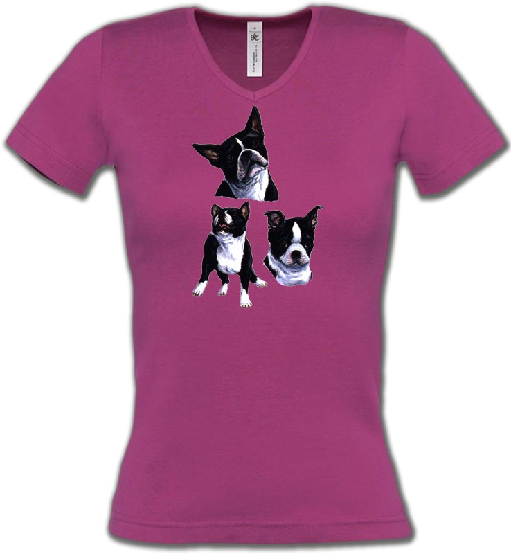 T-Shirts Col V Femmes Bulldog Bulldog Français noir et blanc (BF)