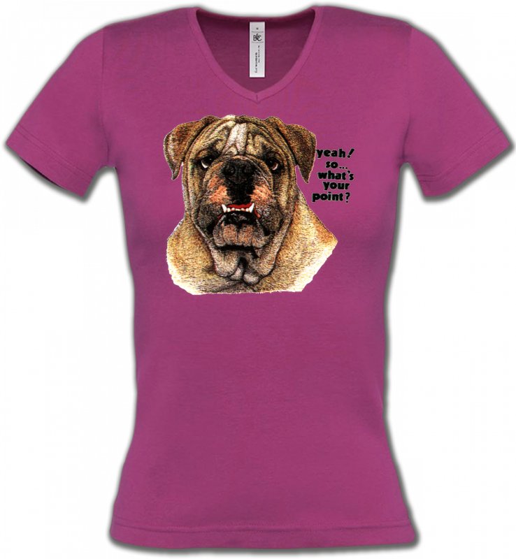 T-Shirts Col V Femmes Bulldog Bulldog Anglais Humour (A)