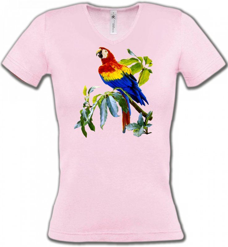 T-Shirts Col V Femmes oiseaux exotiques Perroquet Ara macao dans un arbre (S)