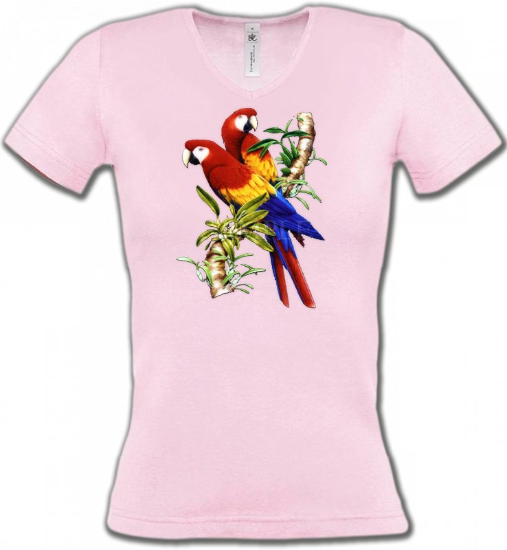 T-Shirts Col V Femmes oiseaux exotiques Perroquets Ara macao sur une branche (A)