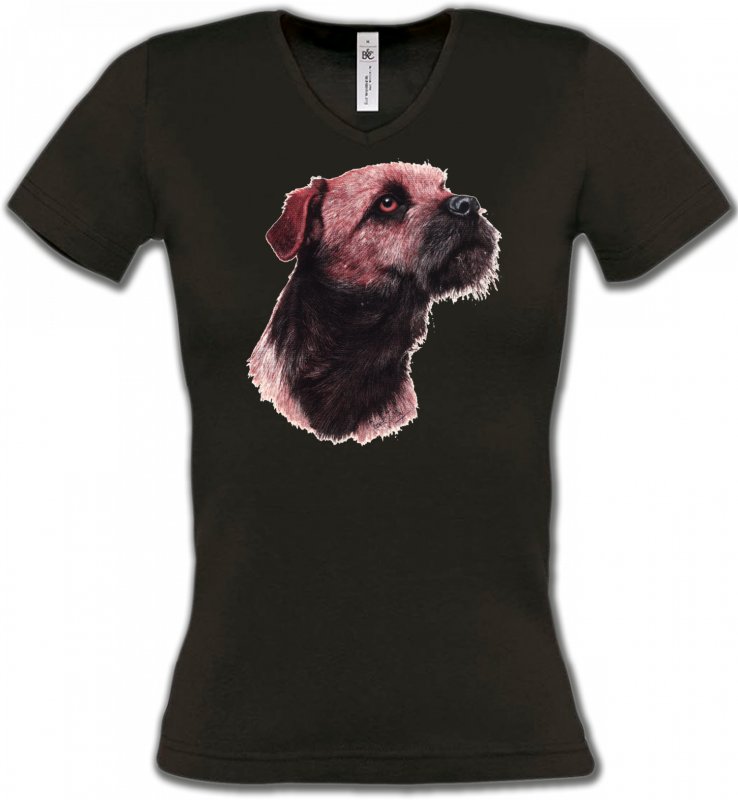 T-Shirts Col V Femmes Border Collie Border Collie Terrier brun (L)