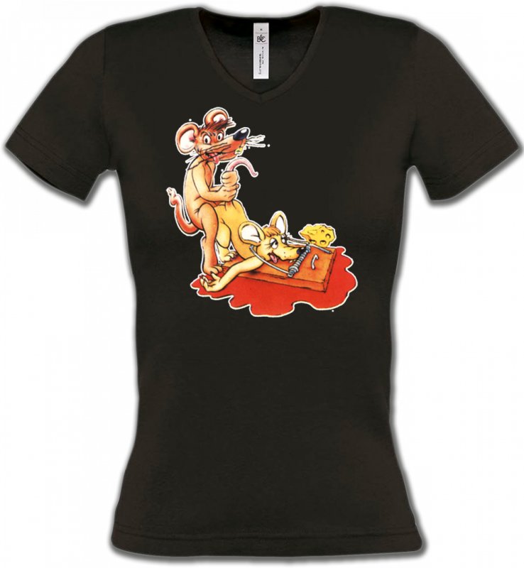 T-Shirts Col V Femmes Humour/amour souris clapet humour piège à souris   (C2)