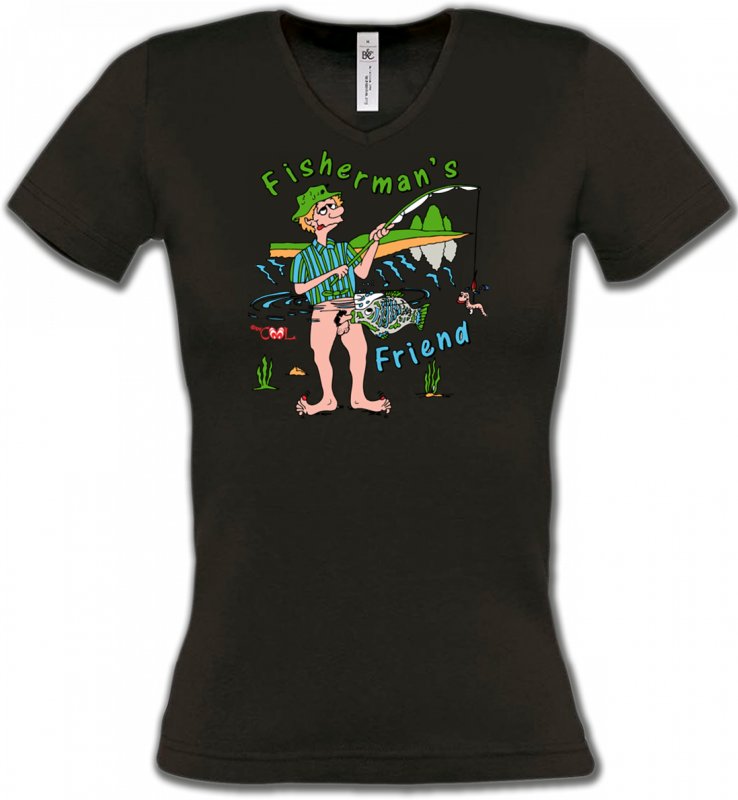 T-Shirts Col V Femmes Humour/amour Pêcheur heureux poisson  (Y3)