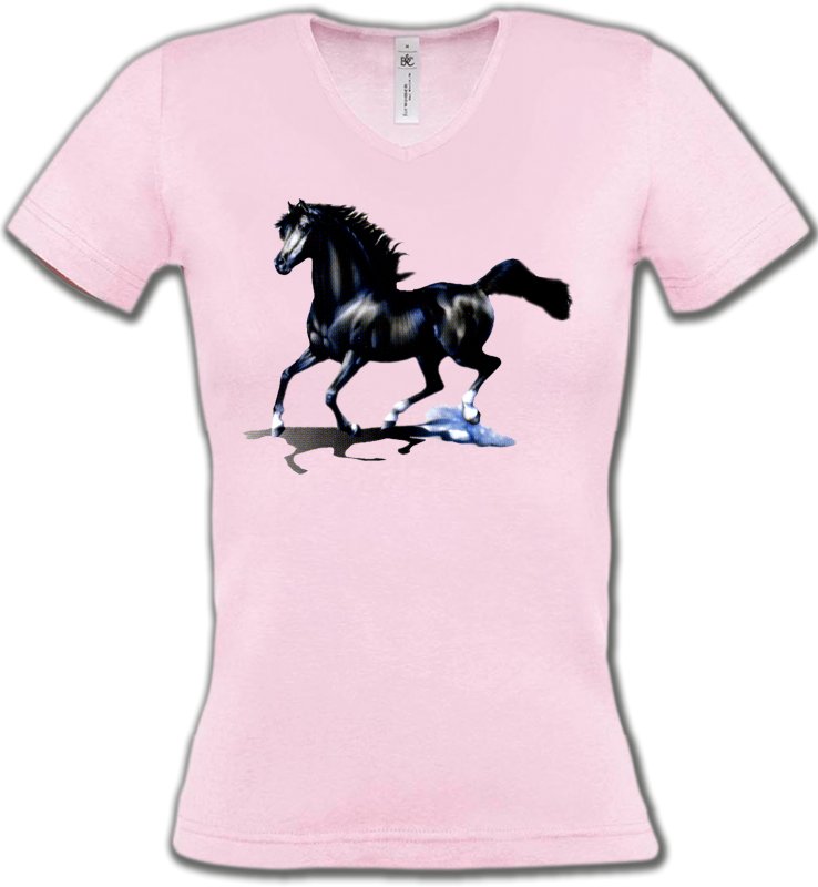 T-Shirts Col V Femmes Cheval pur sang cheval noir (O)