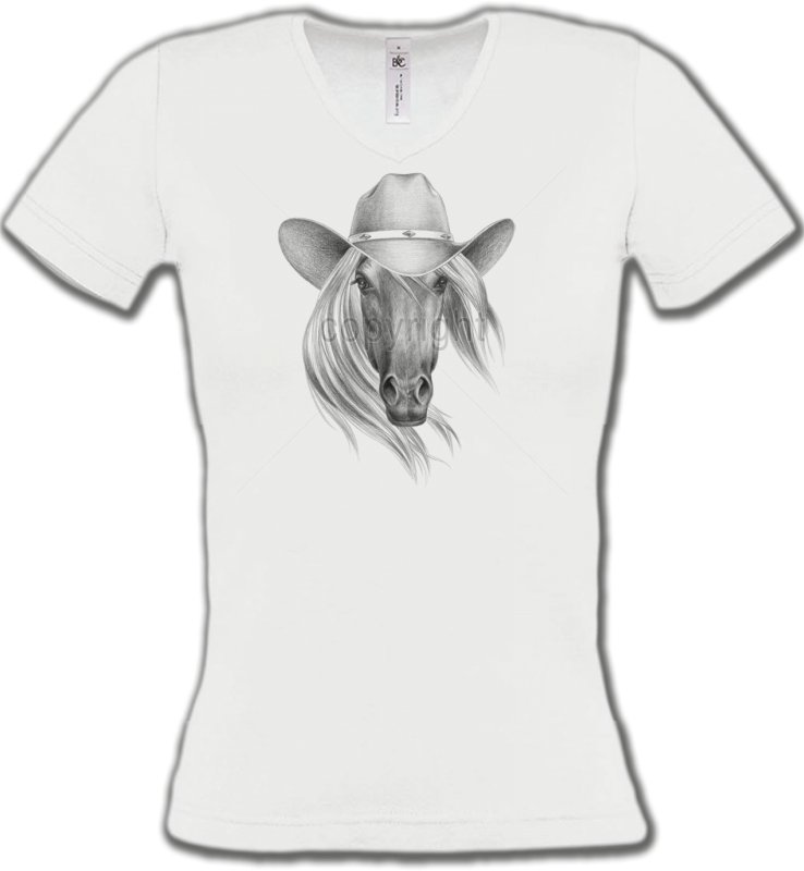 T-Shirts Col V Femmes Cheval Tête de cheval avec chapeau (S)