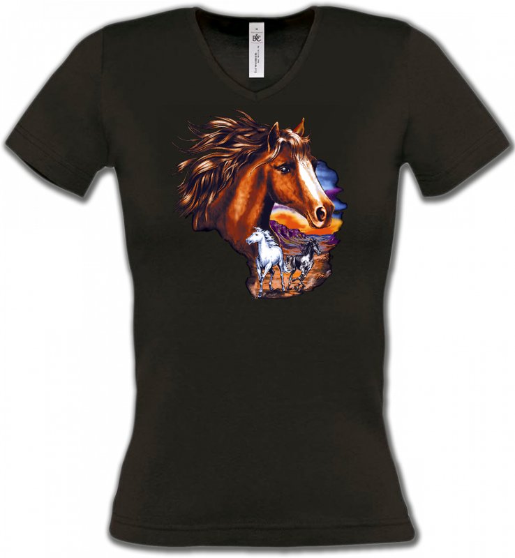 T-Shirts Col V Femmes Cheval Canik chevaux au crépuscule sauvages (P)