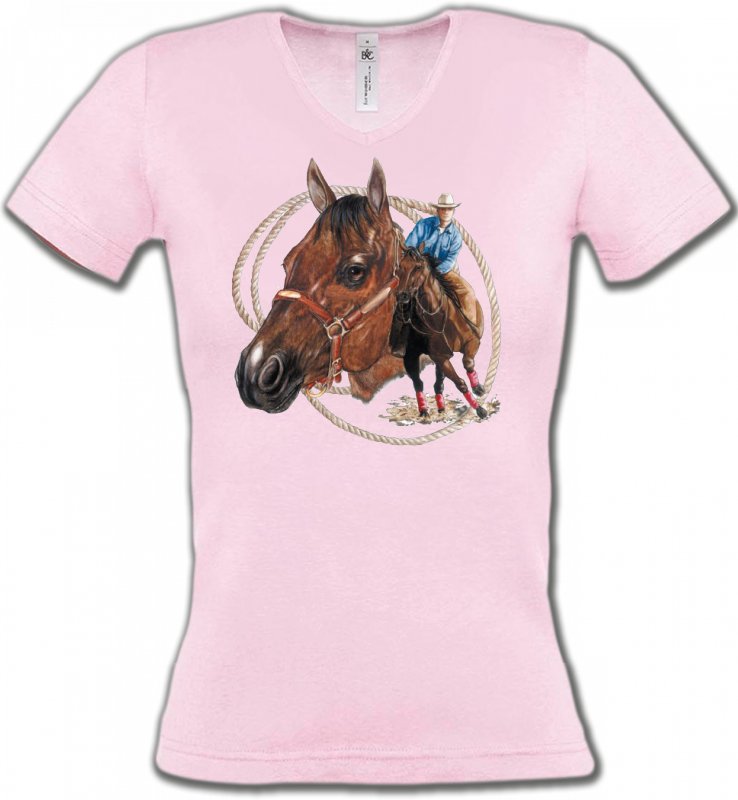 T-Shirts Col V Femmes Cheval Cowboy et son cheval (E2)