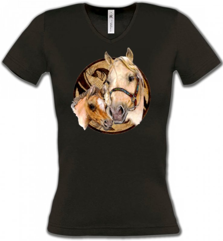 T-Shirts Col V Femmes Cheval Têtes de chevaux (R)