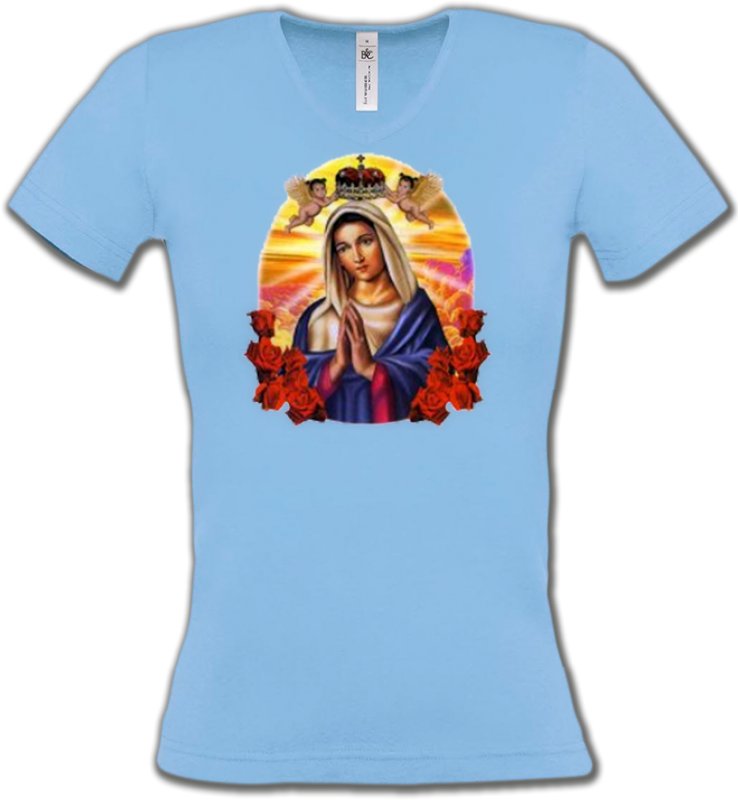 T-Shirts Col V Femmes Religion Sainte Vierge avec roses