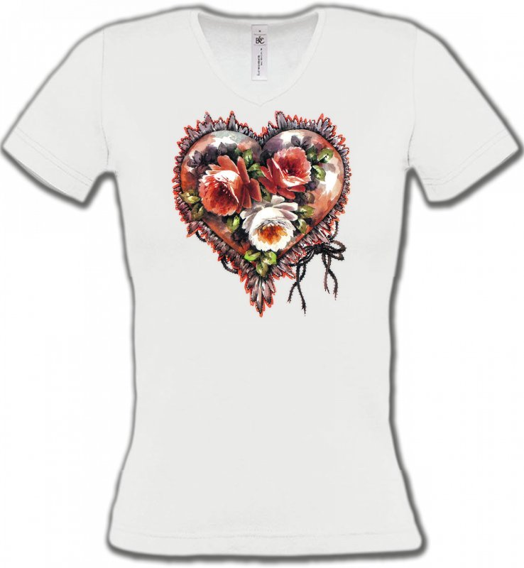 T-Shirts Col V Femmes Fleurs/Romantique Coeur fleuri