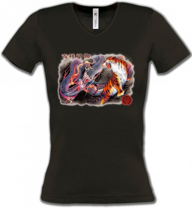 T-Shirts Col V Femmes Dragons Dragon et Tigre (U4)
