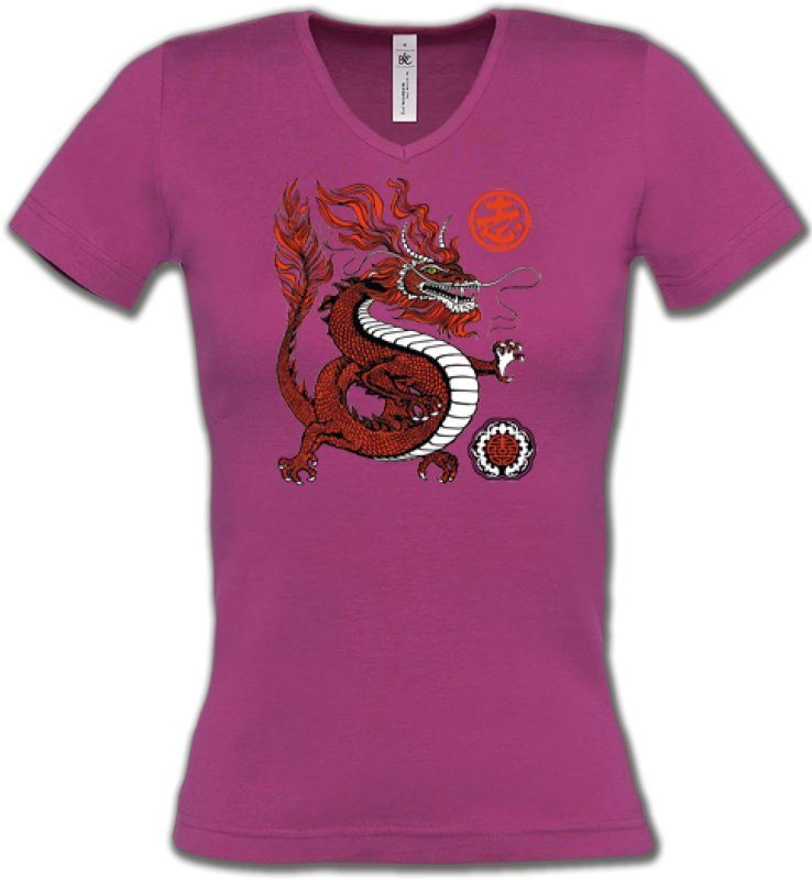 T-Shirts Col V Femmes Signes astrologiques Dragon rouge chinois (H2)