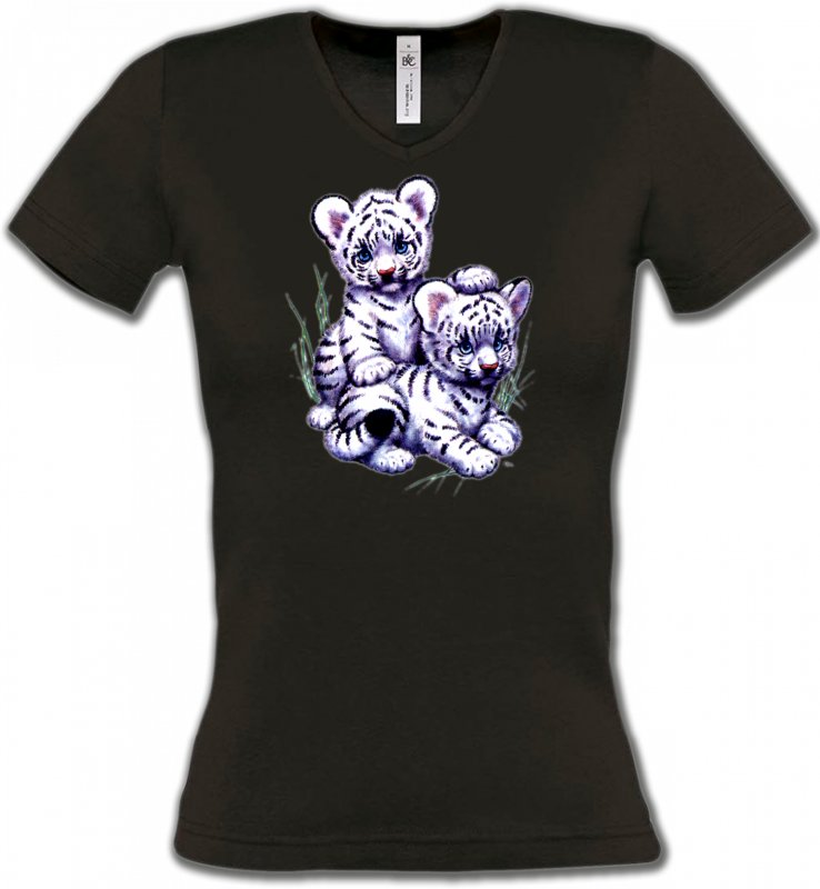 T-Shirts Col V Femmes Enfants Bébés tigres blancs (I3)