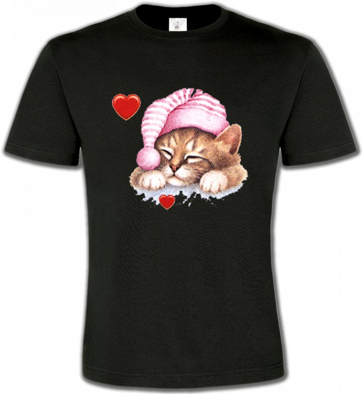 T-Shirts Col Rond Unisexe Races de chats Chaton avec bonnet rose (S2)
