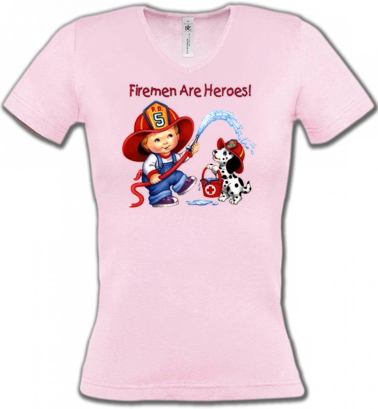 T-Shirts Col V Femmes Enfants Enfant pompier (F2)