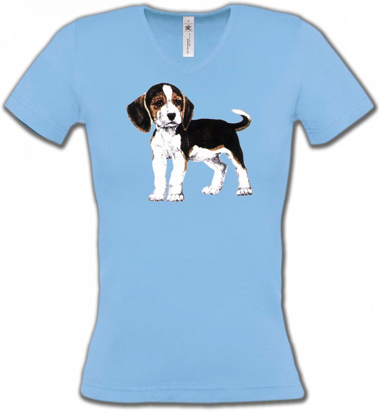 T-Shirts Col V Femmes Enfants Beagle chiot (B)
