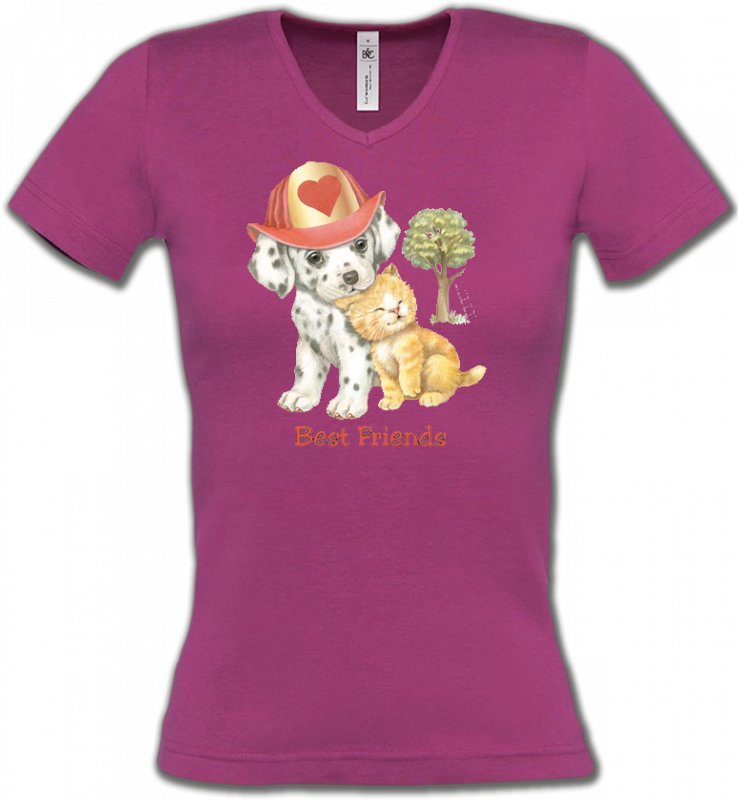T-Shirts Col V Femmes Enfants Chiot et chaton  (I)