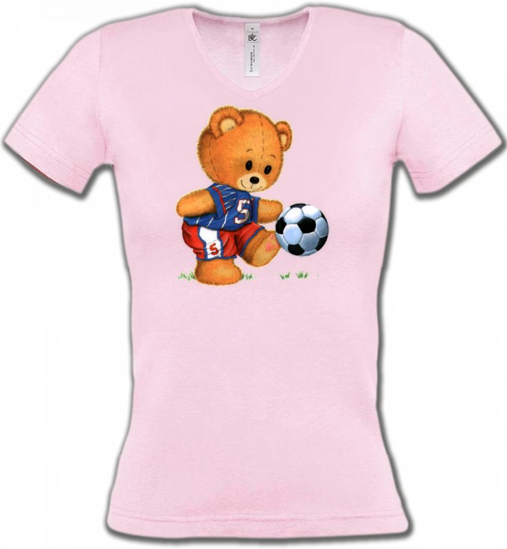 T-Shirts Col V Femmes Enfants Nounours au football (U)