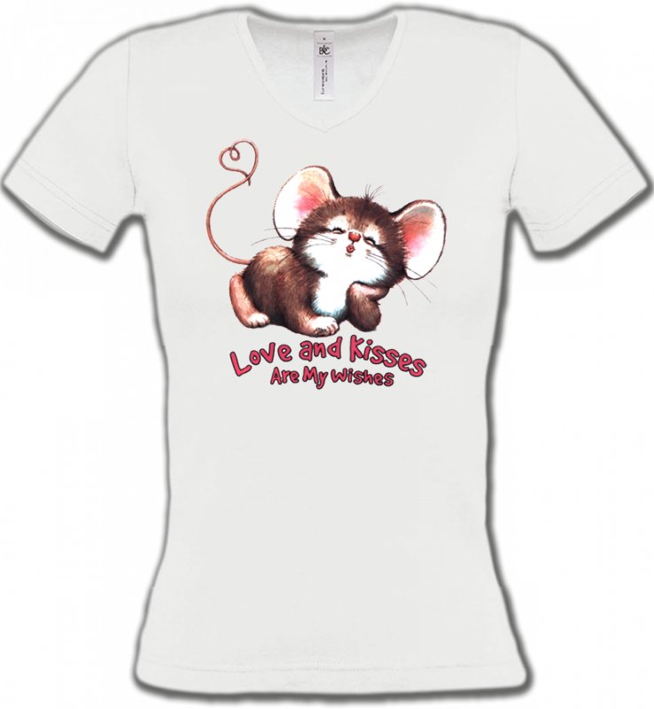 T-Shirts Col V Femmes Enfants Petite souris (A3)