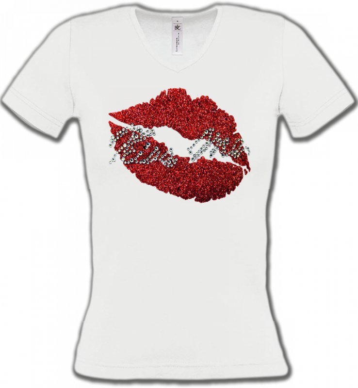 T-Shirts Col V Femmes Strass & Paillettes Strass Lèvres Kiss Me