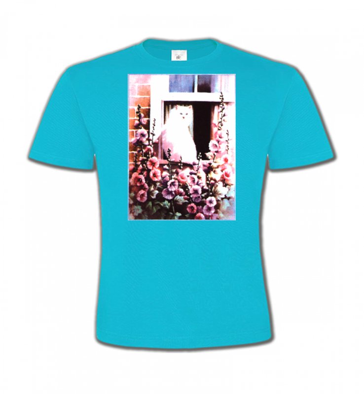 T-Shirts Col Rond Enfants Fleurs/Romantique Chat à la fenêtre