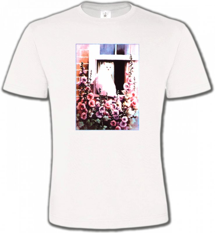 T-Shirts Col Rond Unisexe Fleurs/Romantique Chat à la fenêtre
