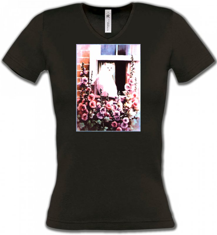 T-Shirts Col V Femmes Fleurs/Romantique Chat à la fenêtre