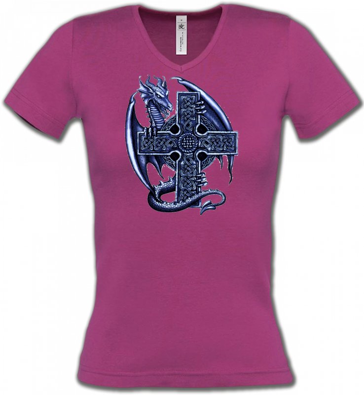 T-Shirts Col V Femmes Dragons Dragon et sa croix celtique (Y5)