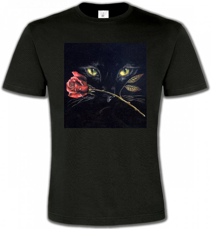 T-Shirts Col Rond Unisexe Races de chats Chat noir avec rose (R2)