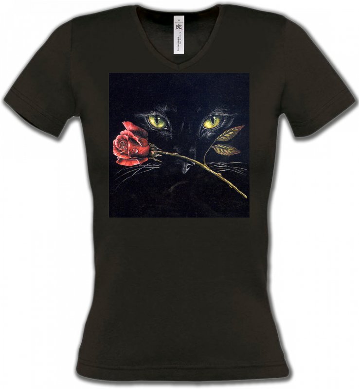 T-Shirts Col V Femmes Races de chats Chat noir avec rose (R2)