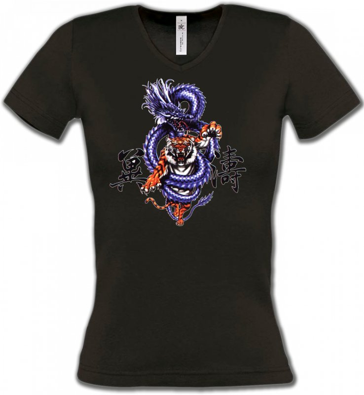 T-Shirts Col V Femmes Signes astrologiques Dragon bleu chinois (W2)