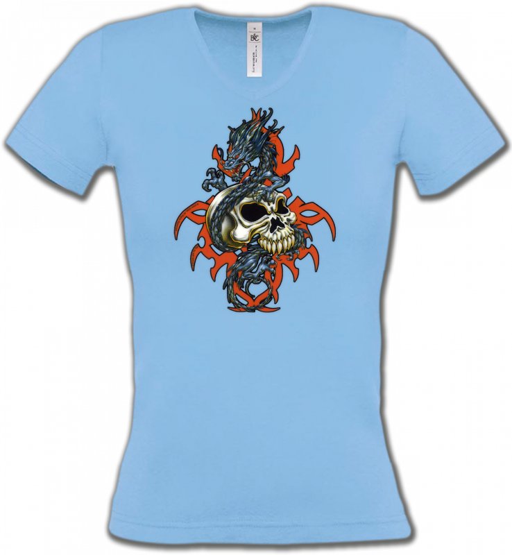 T-Shirts Col V Femmes Tribal Métal Celtique Crâne et dragon