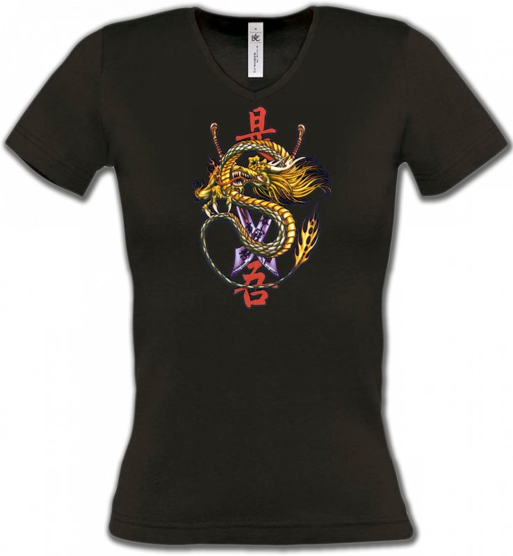 T-Shirts Col V Femmes Tribal Métal Celtique Dragon chinois et épée