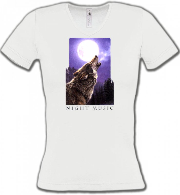 T-Shirts Col V Femmes Loups Loup pleine lune (D)