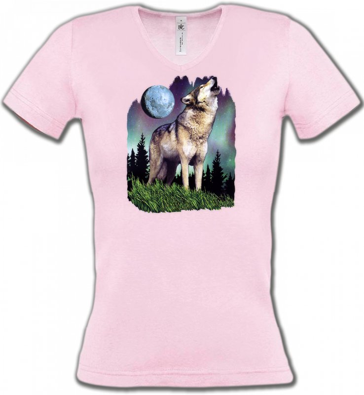 T-Shirts Col V Femmes Loups Loup  sous la lune  (B)