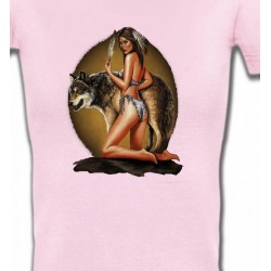 T-Shirts T-Shirts Col V Femmes Loup avec indienne tenant une plume (Q)