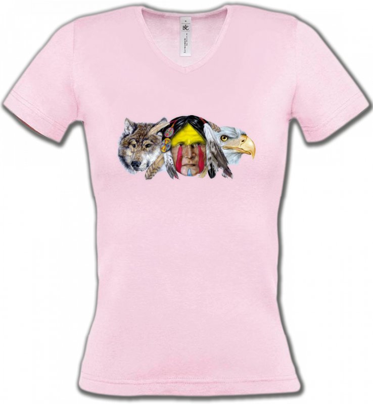 T-Shirts Col V Femmes Loups Indien au milieu d'un aigle et d'un loup (A)