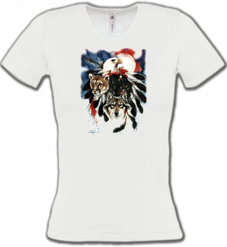 T-Shirts Col V Femmes Loups Loup Puma Aigle (R)