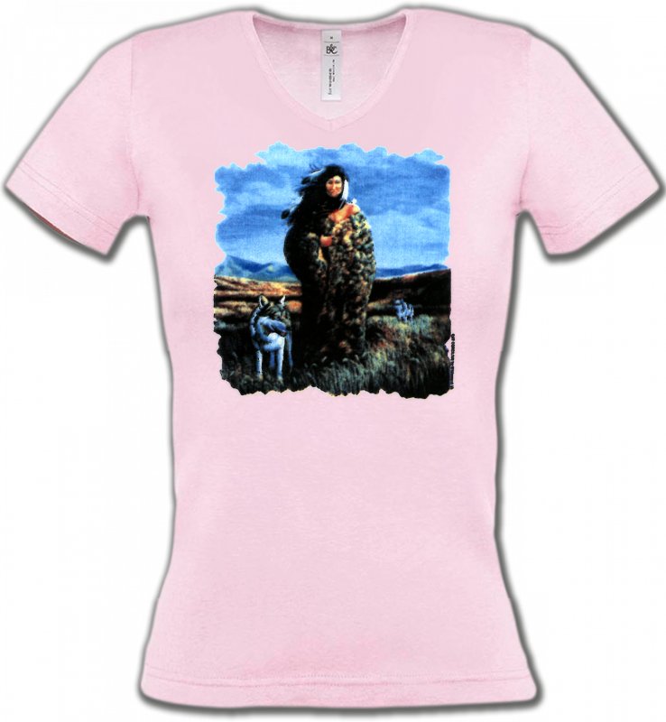 T-Shirts Col V Femmes Loups Loup indienne paysage (V)