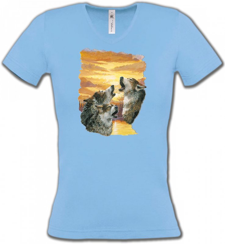 T-Shirts Col V Femmes Loups Loups crépuscule (H)
