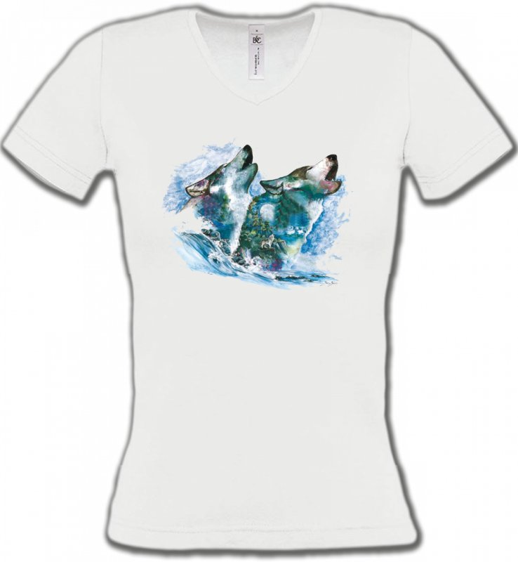 T-Shirts Col V Femmes Loups Loups dans la neige (G)