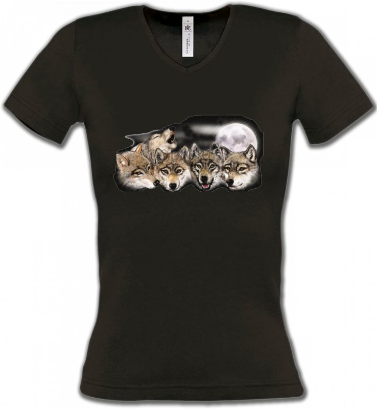 T-Shirts Col V Femmes Loups Têtes de loups en groupe (K)