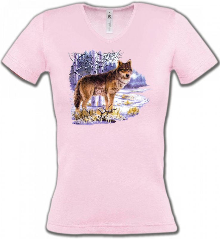 T-Shirts Col V Femmes Loups Loup en hiver (U)