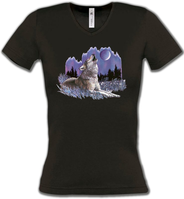 T-Shirts Col V Femmes Loups Loup sous la lune (L)