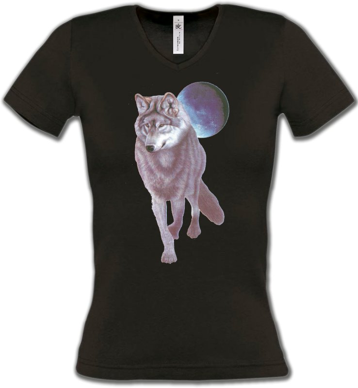 T-Shirts Col V Femmes Loups Loup devant la pleine lune