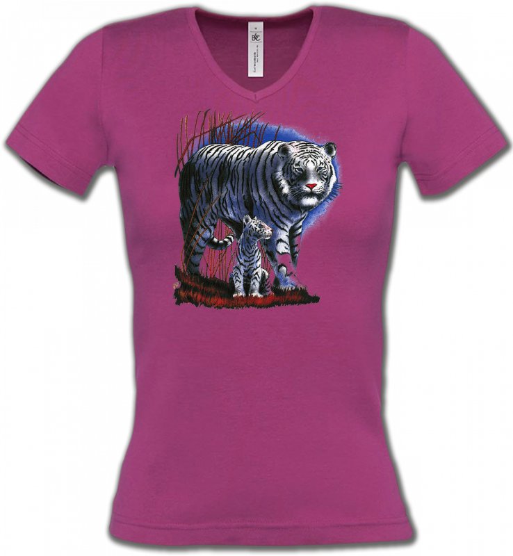 T-Shirts Col V Femmes Safari Tigres Blancs La nuit (M)