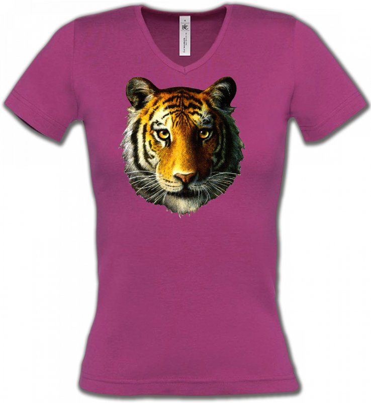 T-Shirts Col V Femmes Safari Tête de tigre (K)