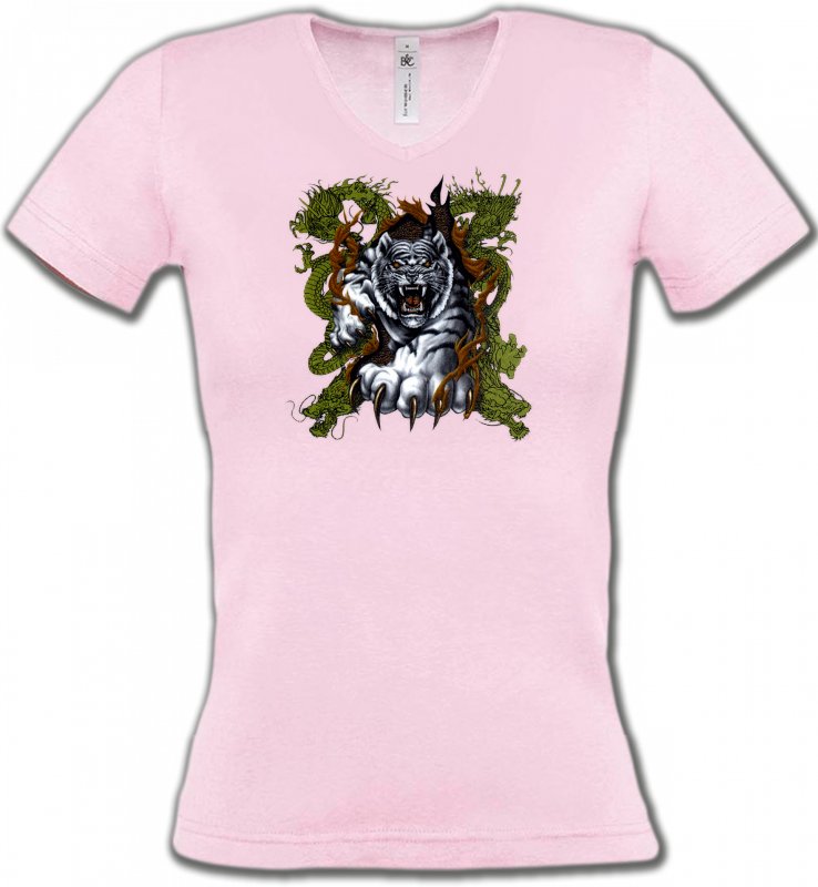 T-Shirts Col V Femmes Safari Griffes de tigre et dragon