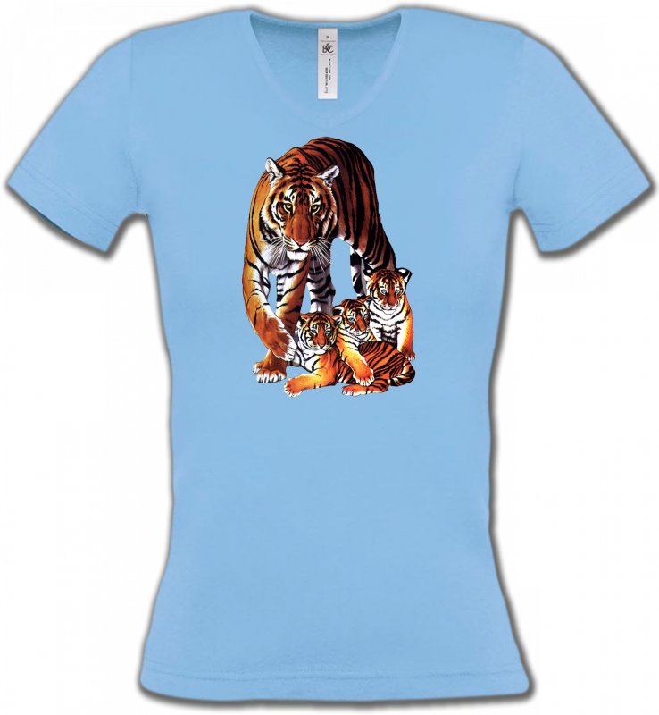 T-Shirts Col V Femmes Safari Maman tigre et ses 3 petits