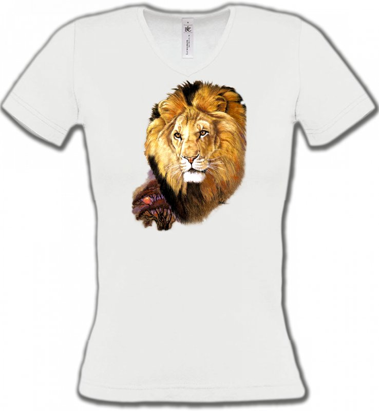 T-Shirts Col V Femmes Safari Tête de Lion